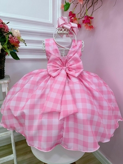 Vestido Infantil Barbie Rosa Xadrez Branco Cinto com Fivela na internet