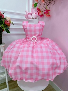 Vestido Infantil Barbie Rosa Xadrez Branco Cinto com Fivela