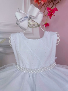 Vestido Infantil Branco Strass Voal Cinto Pérolas - comprar online
