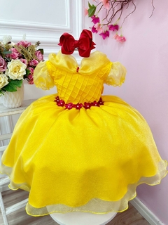 Vestido Infantil Amarelo Princesa Bela e a Fera com Flores