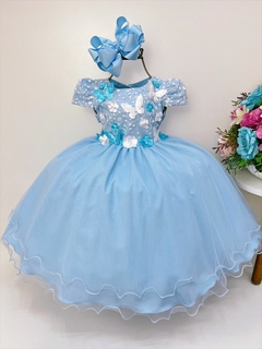 Vestido Infantil Azul Renda Com Aplique Borboletas e Flores