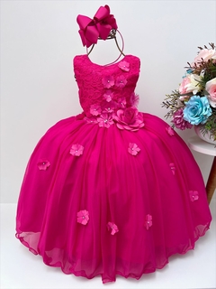 Vestido Infantil Pink Rendado Luxo Flores em Aplique
