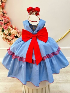 Vestido Infantil Azul Busto Strass e Saia Com Babado Luxo na internet