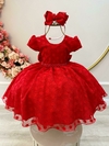 Vestido Infantil Vermelho Tule com Bolinhas e Cinto Pérolas