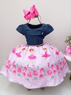 Vestido Infantil Festa Busto Jeans Saia Rosa Floral Bailarina