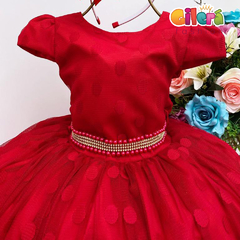 Vestido Infantil Vermelho Bolinhas Cinto Strass com Pérolas - comprar online