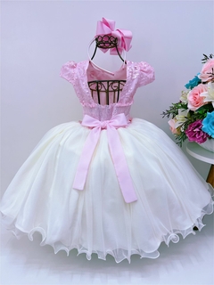 Vestido Infantil Rosa e Off Aplique Flores Renda Luxo na internet