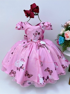 Vestido Infantil Rosa Jardim das Borboletas Luxo