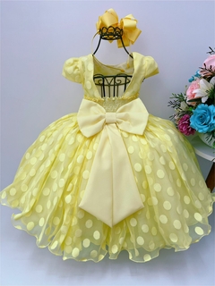 Vestido Infantil Festa Luxo Amarelo Bolinhas Cinto Strass Pérolas na internet