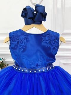 Vestido Infantil Azul Royal Renda Cinto com Strass e Pérolas - comprar online