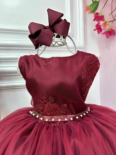 Vestido Infantil Marsala Renda Com Cinto de Pérolas - comprar online