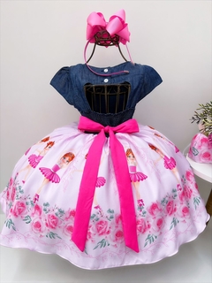 Vestido Infantil Festa Busto Jeans Saia Rosa Floral Bailarina na internet