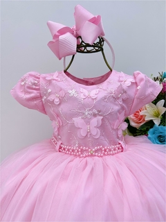 Vestido Infantil Rosa Renda com Aplique de Borboletas - comprar online