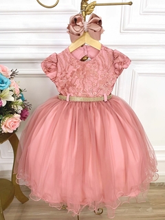 Vestido Infantil Rosê Busto Rendado e Cinto com Strass - Gilerá Fashion