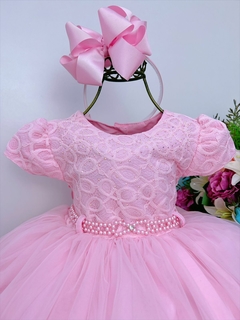 Vestido Infantil Rosa Rendado Strass e Pérolas Princesas - comprar online