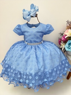 Vestido Infantil Azul Busto e Cinto de Strass Bolinhas