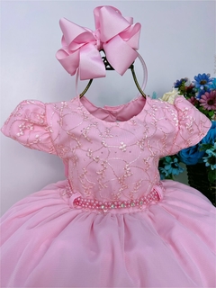 Vestido Infantil Rosa com Renda e Cinto de Pérolas Luxo - comprar online