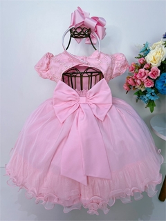 Vestido Infantil Rosa com Renda e Cinto de Pérolas Luxo na internet