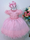 Vestido Infantil Rosa com Renda e Cinto de Pérolas Luxo