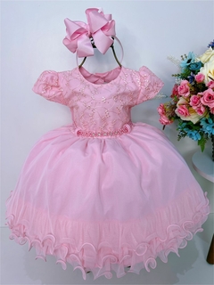 Vestido Infantil Rosa com Renda e Cinto de Pérolas Luxo