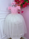 Vestido Infantil Longo Rosa Com Renda e Saia Off White