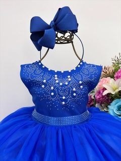 Vestido Infantil Longo Azul Royal Damas Princesas Pérolas Strass Luxo - comprar online