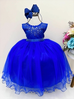 Vestido Infantil Longo Azul Royal Damas Princesas Pérolas Strass Luxo