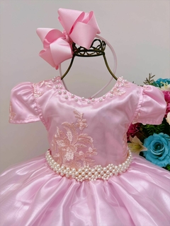 Vestido Infantil Longo Rosa Rendado Realeza Luxo Pérolas - comprar online