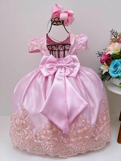 Vestido Infantil Longo Rosa Rendado Realeza Luxo Pérolas na internet
