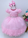 Vestido Infantil Rosa Batizado Princesas Babados e Strass