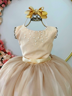 Vestido Infantil Longo Damas de Honra Dourado Strass Pérolas - comprar online