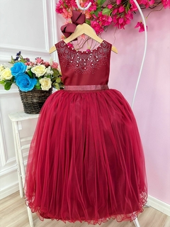 Vestido Infantil Longo Damas de Honra Marsala Strass Pérolas