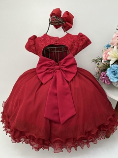 Vestido Infantil Vermelho Rendado Paetê Cinto de Strass na internet
