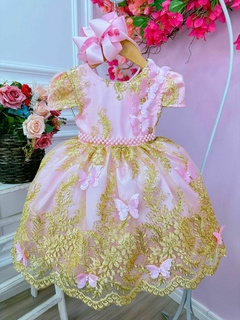 Vestido Infantil Festa Princesa Rosa Realeza Jardim das Borboletas - Gilerá Fashion