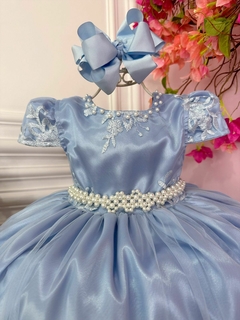 Vestido Infantil Longo Azul Renda Realeza e Cinto de Pérolas - comprar online