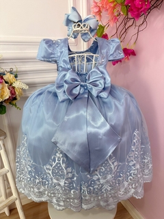 Vestido Infantil Longo Azul Renda Realeza e Cinto de Pérolas na internet