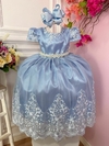 Vestido Infantil Longo Azul Renda Realeza e Cinto de Pérolas