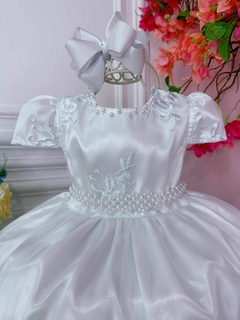 Vestido Infantil Longo Branco Renda Realeza e Cinto de Pérolas - comprar online