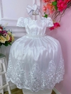 Vestido Infantil Longo Branco Renda Realeza e Cinto de Pérolas