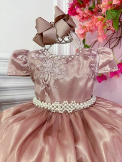 Vestido Infantil Longo Rosê Renda Realeza e Cinto de Pérolas - comprar online