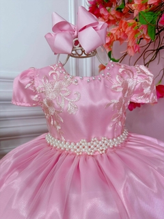 Vestido Infantil Longo Rosa Renda Realeza e Cinto de Pérolas - comprar online