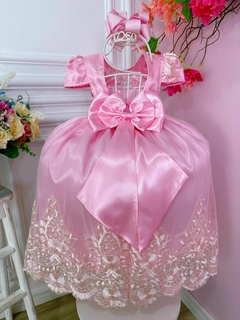 Vestido Infantil Longo Rosa Renda Realeza e Cinto de Pérolas na internet