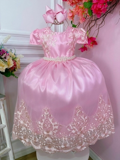 Vestido Infantil Longo Rosa Renda Realeza e Cinto de Pérolas
