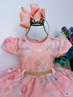 Vestido Infantil Salmão Florido com Bolinhas e Strass Luxo - comprar online