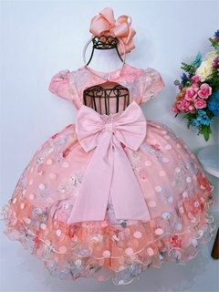 Vestido Infantil Salmão Florido com Bolinhas e Strass Luxo na internet