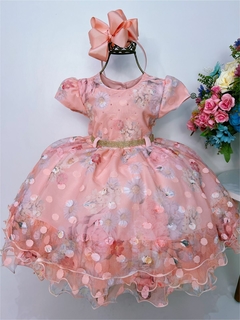 Vestido Infantil Salmão Florido com Bolinhas e Strass Luxo