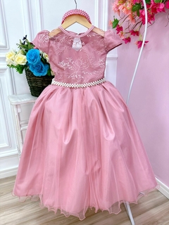 Vestido Infantil Longo Dama de Honra Rosê Casamento Renda - Gilerá Fashion
