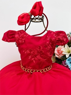 Vestido Infantil Vermelho Renda Com Cinto de Pérolas - comprar online