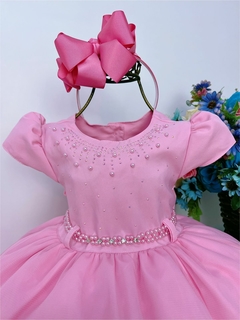 Vestido Infantil Rosa Chiclete Busto com Strass e Pérolas - comprar online