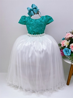 Vestido Infantil Longo Verde Renda Saia Off